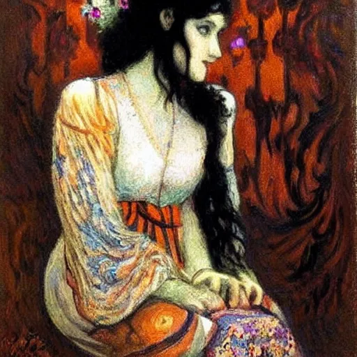 Image similar to gypsy girl, dark hair, jugendstil