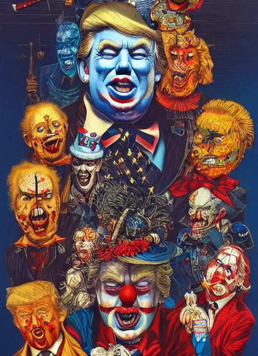 Image similar to donald trump sad clown, grotesque, horror, high details, intricate details, by vincent di fate, artgerm julie bell beeple, 80s, inking, vintage 80s print, screen print