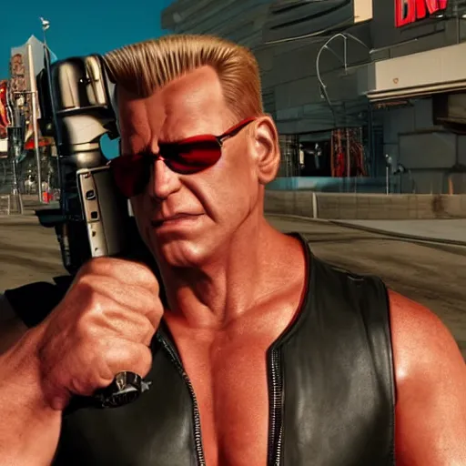 Image similar to [UHD candid photo of Duke Nukem on the streets of dystopian Las Vegas, correct face, accurate details, graphic detail, sharp focus by Annie Leibowitz]