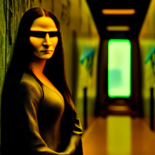 Image similar to cinematic movie still of cybernetic character named Mona Lisa in The Matrix, futuristic eye implant, cyberpunk, XF IQ4, 150MP, 50mm, F1.4, ISO 200, 1/160s, twilight in the city