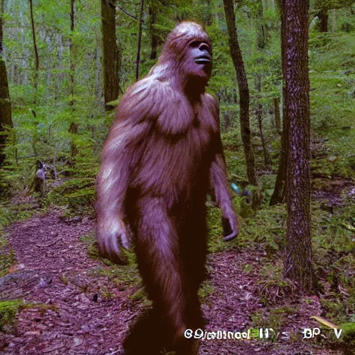 Prompt: found footage of the Bigfoot in the forest, VHS, hi 8