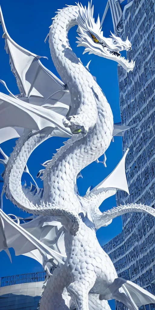 Prompt: white photorealistic futuristic post - modern blue eyes white dragon in seoul with bright blue sky