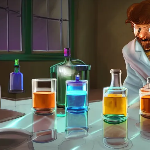 Image similar to a wizard mixing bottles of colored liquids in laboratory, photorealistic, cinematic lighting, highly detailed