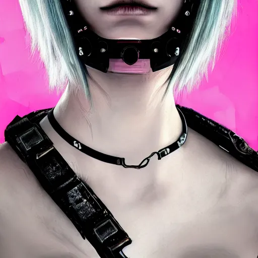 Image similar to detailed realistic cyberpunk female character cyberpunk wearing large steel collar around neck, realistic, art, beautiful, 4K, collar, choker, collar around neck, punk, artstation, detailed, female, woman, choker, cyberpunk, neon, punk, collar, choker, collar around neck, thick collar, choker around neck, wearing choker, wearing collar, bright neon punk hair, collar, choker,