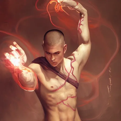 Image similar to A detailed matte oil on canvas painting of a young white male martial artist monk, orchid arm tattoos, fight stance by greg rutkowski and Charlie bowater, trending on artstationhd, dungeons and dragons art