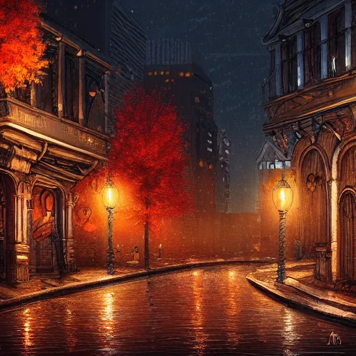 Prompt: a digital painting of a cityscape at night. autumn. highly detailed. rustic vibe. artstation.