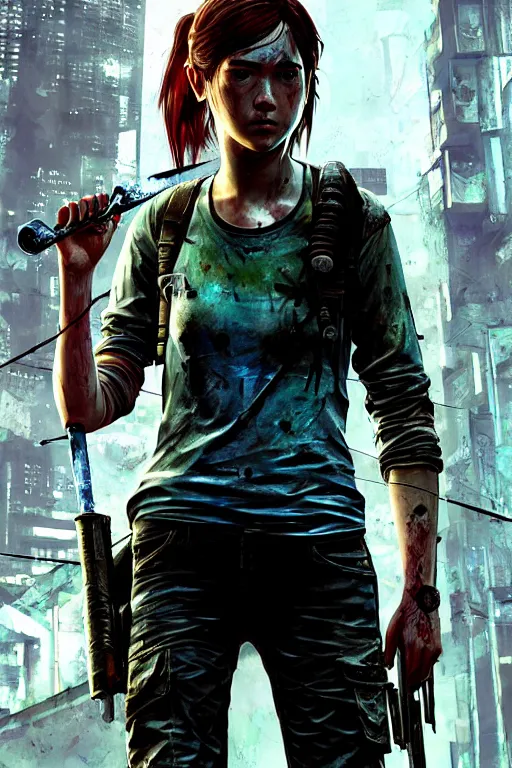 Prompt: ellie from the last of us part 2, cyberpunk futuristic neon. fencing, long sword in her hand, decorated with traditional japanese ornaments by ismail inceoglu dragan bibin hans thoma greg rutkowski alexandros pyromallis nekro rene maritte illustrated, perfect face, fine details, realistic shaded, fine - face, pretty face, masterpiece