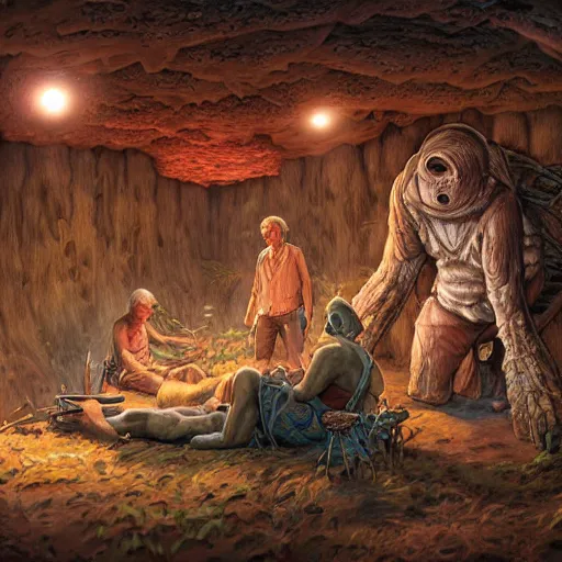 Prompt: primitive extraterrestrial villagers caring for severely injured butch blond woman at bedside, inside primitive hut, cinematic, worm's eye view, dramatic lighting, illustration, ron cobb, mike mignogna, science fiction, detailed painting, high detail, rough paper