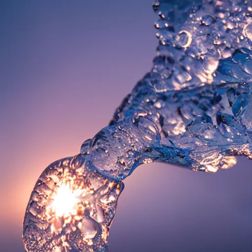 Prompt: a detailed macro shot of ice during sunset in iceland