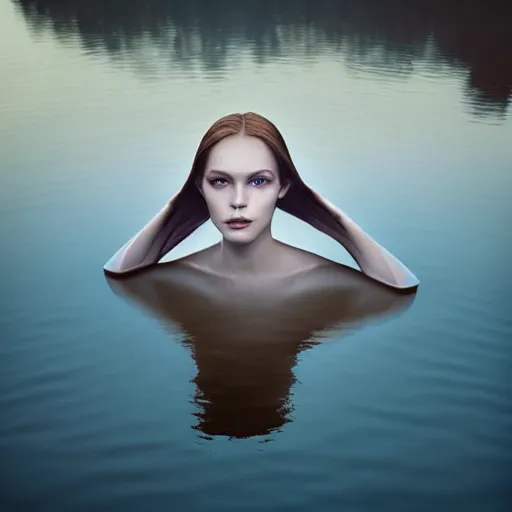 Image similar to photographic portrait of a stunningly beautiful siren renaissance female, floating on a lake, in soft dreamy light at sunset, contemporary fashion shoot, by edward robert hughes, annie leibovitz and steve mccurry, david lazar, jimmy nelsson, extremely detailed, breathtaking, hyperrealistic, perfect face, octane render