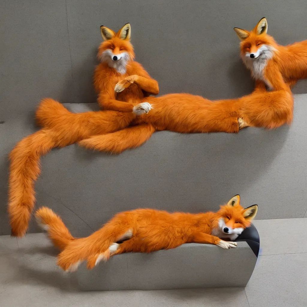 Image similar to anthropomorphic furry anthro fox lounging in a futuristic hotel