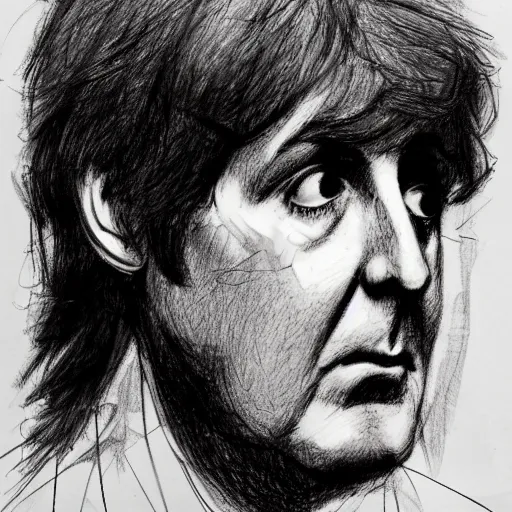 Image similar to a realistic yet scraggly portrait sketch of the side profile of a stern and sophisticated young paul mccartney, trending on artstation, intricate details, in the style of frank auerbach, in the style of sergio aragones, in the style of martin ansin, in the style of david aja, in the style of mattias adolfsson