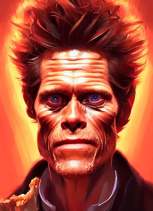 Image similar to portrait of willem dafoe staring intently at a pizza, crying, intricate, elegant, glowing lights, highly detailed, digital painting, artstation, concept art, smooth, sharp focus, illustration, art by wlop, mars ravelo and greg rutkowski