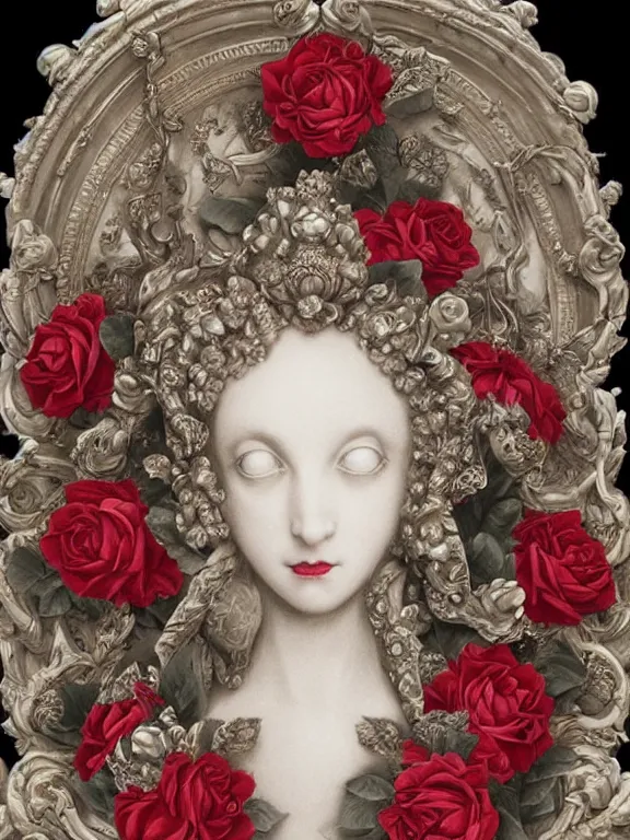 Image similar to a beautiful portrait render of a recatholic rococo roses veiled red queen sculpture,with baroque symmetry intricate detailed ,heart,pray,love,crystal-embellished,by Daveed Benito,LEdmund Leighton,Virginie Ropars,aaron horkey,Billelis,trending on pinterest,hyperreal,gold,silver,ivory,maximalist,glittering,golden ratio,cinematic lighting