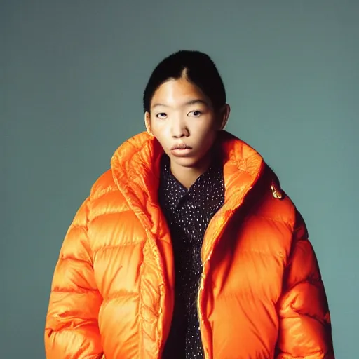 Image similar to realistic photoshooting for a new balenciaga lookbook, color film photography, portrait of a blonde asian woman, model wearing a puffer jacket, photo in style of tyler mitchell, 3 5 mm,