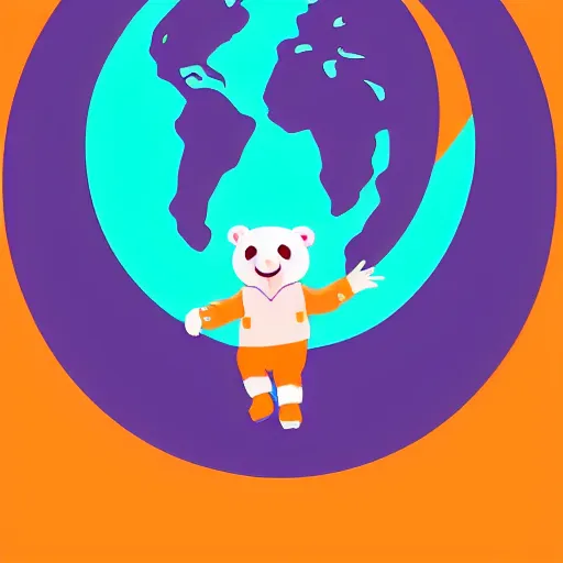 Image similar to cartoon illustration of a bear mascot being launched from a futuristic marble planet, purple and orange cloudland