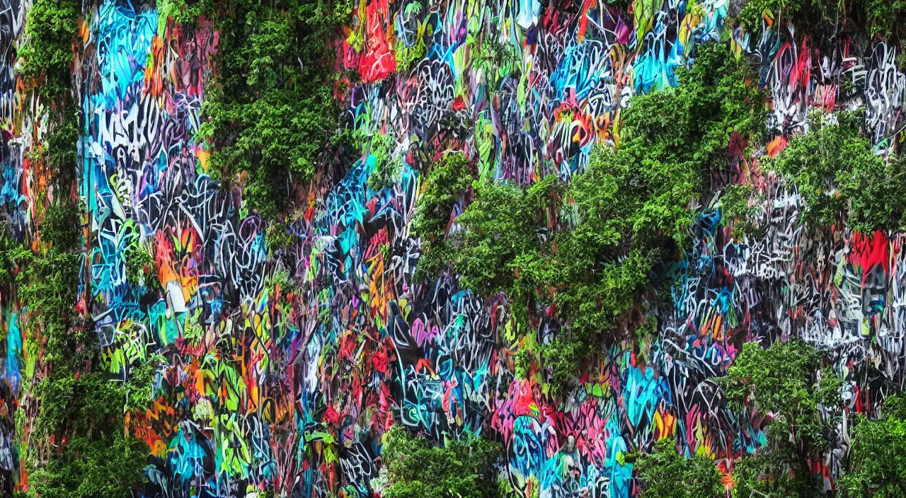 Image similar to close zouk fabric wall fortress greeble illusion landscape jungle dirt a spectacular view cinematic graffity style