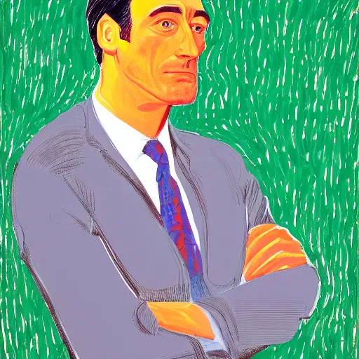 Image similar to portrait of jon hamm by david hockney and peter doig