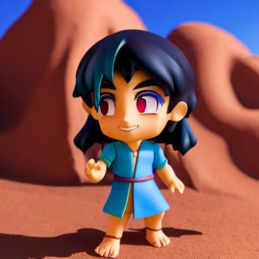 Image similar to side view of young aladdin as nendoroid running in desert village, 8 k hd dof, kodak film,