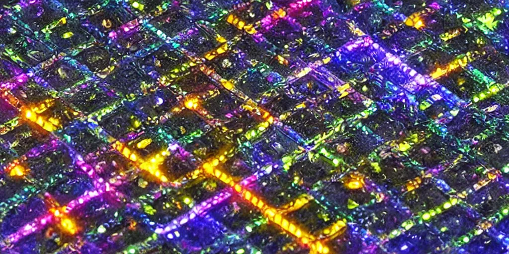 Image similar to 9-track machines made of digital grids and glowing stones with embedded LEDs. amber glowing screens.