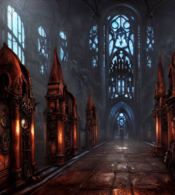 Image similar to steam necropolis, memento mori, gothic, neo - gothic, art nouveau, hyperdetailed copper patina medieval icon, stefan morrell, philippe druillet, ralph mcquarrie, concept art, steampunk, unreal engine, detailed intricate environment, octane render, moody atmospherics, volumetric lighting, ultrasharp, ominous, otherworldly