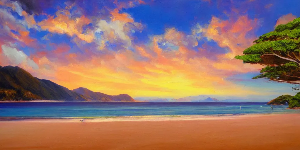 Image similar to golden bay new zealand, abel tasman, colorful oil painting, trending on artstation