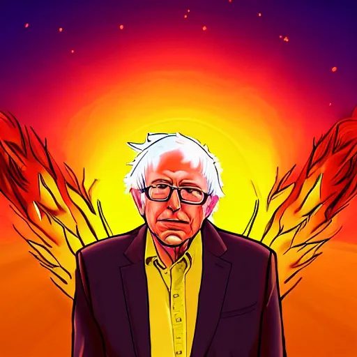 Image similar to portrait of Bernie Sanders with glowing golden aura flying over a desert field, super saiyan 3, yellow spiky hair, digital art