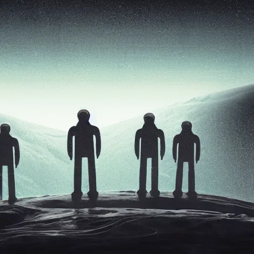 Prompt: martian surface illustration with astronauts standing illustraion, utopian, tech noir, wet reflections, prism, atmospheric,