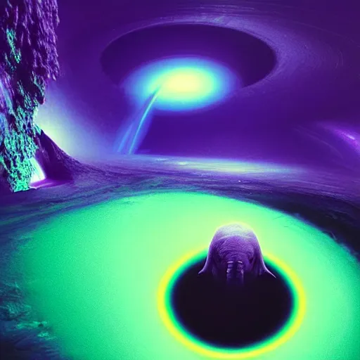 Prompt: Digital art of Purple elephant falls from a green waterfall into a supermassive black hole in deep space, photorealism, by Beeple