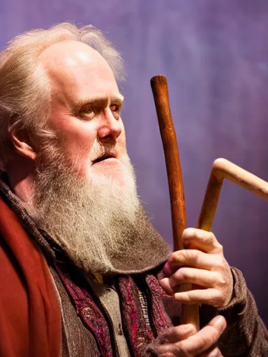 Prompt: a photograph of John Lithgow as Prospero holding a staff from the stage production of The Tempest taken with Nikon D3500, highly detailed