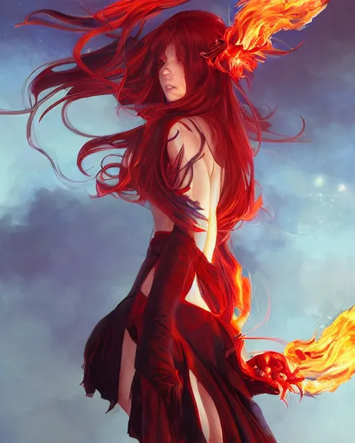 Prompt: red eyed beautiful long haired anime girl, full body photo, flames everywhere, highly detailed, digital painting, artstation, concept art, smooth, sharp focus, illustration, art by artgerm and greg rutkowski and alphonse mucha