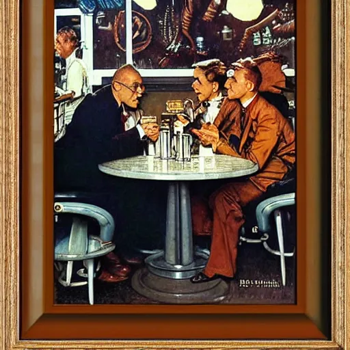 Prompt: aliens having a cup of coffee on at cafe in paris by norman rockwell