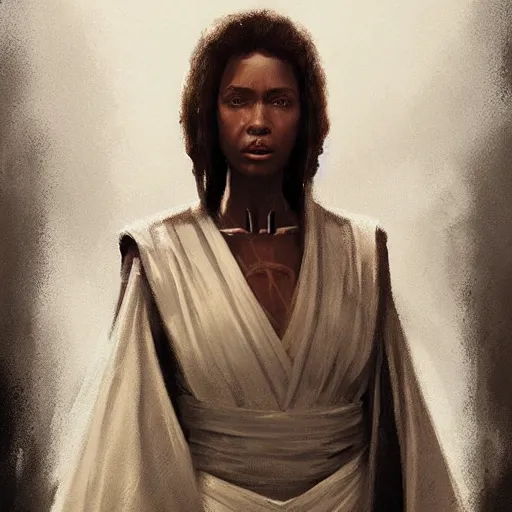 Image similar to portrait of a woman by greg rutkowski, young jedi knight, black, afro hair, prettt, star wars expanded universe, she is about 2 0 years old, wearing jedi robes, highly detailed portrait, digital painting, artstation, concept art, smooth, sharp foccus ilustration, artstation hq