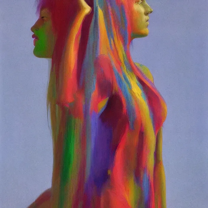 Prompt: colorful rainbow woman portrait in a translucent clothing made from plastic bag at store display, highly detailed, artstation, art by , edward hopper, zdislav beksinski, wayne barlowe