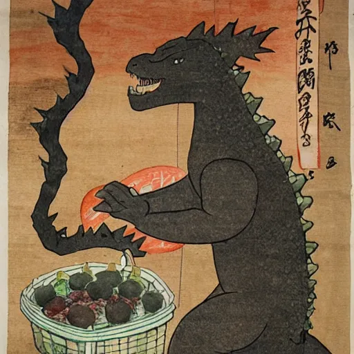 Image similar to ancient japanese watercolour of godzilla running a fruit stall in a market