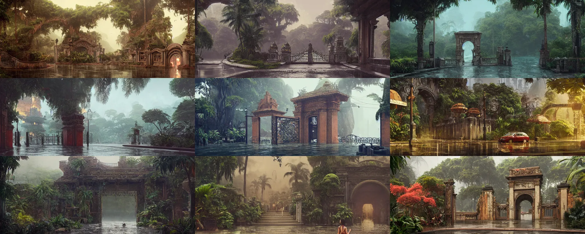 Prompt: a beautiful detailed architecture matte painting of ancient ornamental gate and infrastructure in the middle of tropical jungle cinematic water rainy landscape by alejandro burdisio, by greg tocchini, by james gilleard, by joe gb fenton, by kaethe butcher, dynamic lighting, vibrant, clean, grunge aesthetic, octane render, artstation