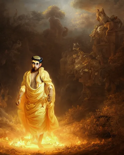 Prompt: A epic and beautiful rococo painting of a young arab guy half wolf covered in yellow cloth surrounded by wolves of ashes, standing before a desert of ashes. ultra-detailed. Anime, pixiv, UHD 8K CryEngine, octane render