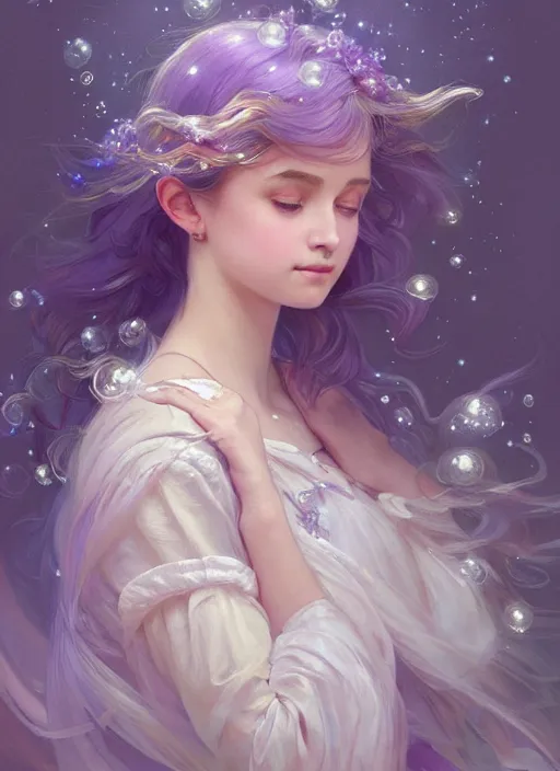 Prompt: portrait of magical young girl, dreamy and ethereal, lavender accents, peaceful expression, ornate frilly dress, fantasy, intricate, elegant, rainbow bubbles, highly detailed, digital painting, artstation, concept art, smooth, sharp focus, illustration, art by artgerm and greg rutkowski and alphonse mucha