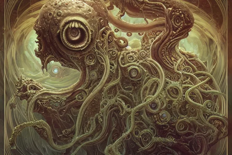 Image similar to a lovecraftian painting of cthulhu face of cosmic horror, cosmic horror elements, ultra realistic, concept art, intricate details, eerie, highly detailed, photorealistic, octane render, 8 k, unreal engine. art by artgerm and greg rutkowski and alphonse mucha