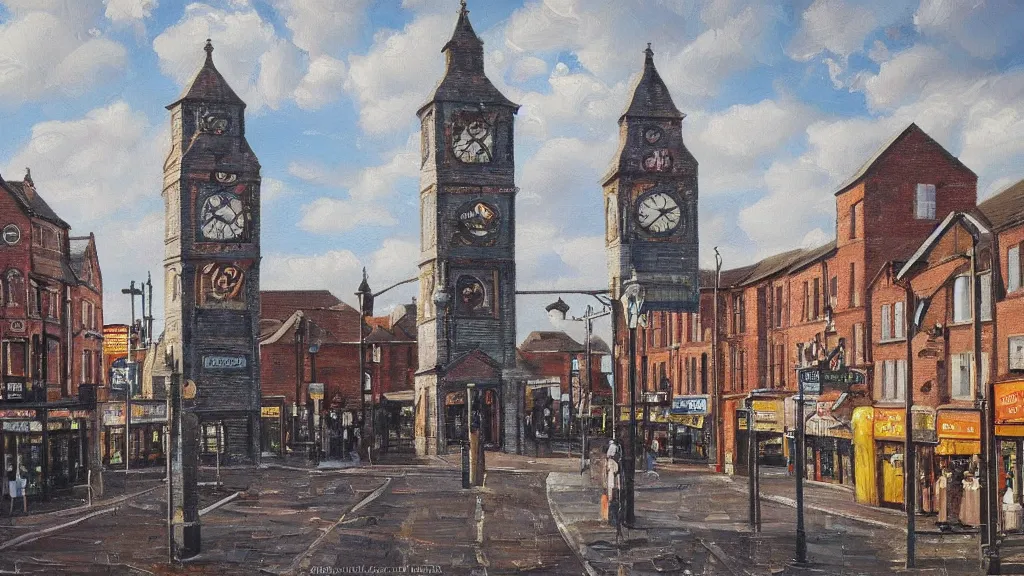 Prompt: Royton town centre clock tower in Oldham, highly detailed oil painting, epic fantasy art, abstraction, masterpeice, 8k