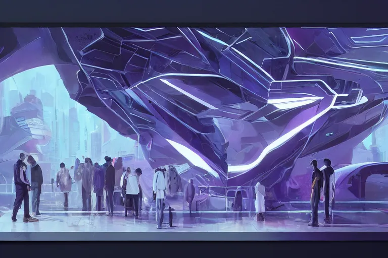 Image similar to Exhibiton with guests and digital terminals from an artificial intelligence with several geometric shapes with white and purple contours. digital rational painting art by Greg Rutkowski, sci-fi highly detailed, digital concept art, Dimensional cyan gold natural light, sharp focus, Golden Ratio illustration, realistic concept art by Stephen Hickman and James Gurney and Hiromasa Ogura Ghost in the Shell rendered in Octane Render, From the distance