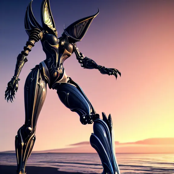 Prompt: looking up at a highly detailed 300 foot tall giant elegant exquisite beautiful stunning valkyr female warframe, as an anthropomorphic robot dragon, posing elegantly over your tiny form, detailed legs looming over you, camera on the ground, at the beach on a sunset, sleek streamlined design, streamlined matte black armor, sharp detailed claws, detailed sharp robot dragon feet, worms eye view, giantess shot, camera close to the legs, upward shot, ground view shot, leg shot, front shot, epic cinematic shot, high quality warframe fanart, captura, realistic, professional digital art, high end digital art, furry art, giantess art, anthro art, DeviantArt, artstation, Furaffinity, 8k HD render, epic lighting