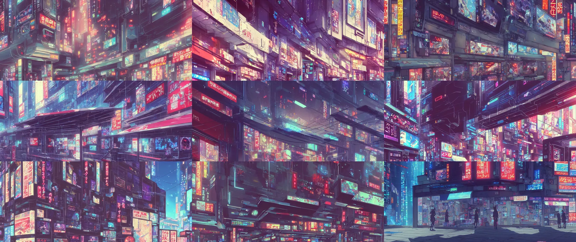 Prompt: a very close up close up close up close up front on frontview of a ( ( ( cyberpunk ) ) ) shopfront facade with ( ( advertisements ) ), in a high definition screenshot from the anime anime film, digital painting by ( makoto shinkai ), moebius moebius, surrealism, trending on artstation