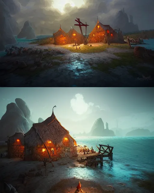 Image similar to medieval viking village next to the ocean, by peter mohrbacher and dan mumford and nekro, cgsociety, volumetric light, 3 d render