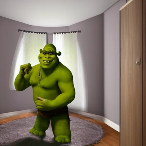 Prompt: shrek creeping into room, pov from bed