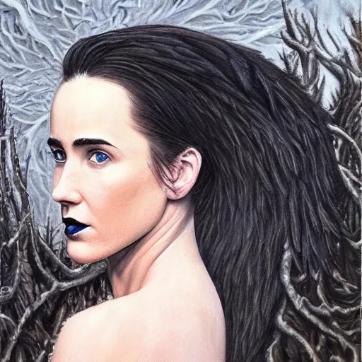 Prompt: detailed realistic oil painting youthful young jennifer connelly with black feathers instead of hair, dark fae, black lips, gray mottled skin, feathers growing out of skin, feathers growing from arms, black hands with long black claws, pale and sickly, profile view, gothic