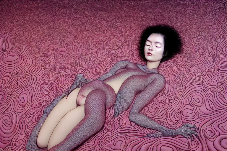 Image similar to realistic detailed image of a woman in a stray jacket laying in a padded room, conjuring psychedelic background, part by takato yamamoto, part by alex gray, ross tran, james jean, ultra realistic, octane render, highly detailed, very cohesive, 8 k, trending on artstation, cosmic, masterpiece