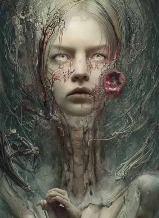 Prompt: Alice goes down the rabbit hole,highly detailed,half skull face,cinematic,8k,by Stanley Artgermm,Tom Bagshaw,Greg Rutkowski,Carne Griffiths, Ayami Kojima, Beksinski, Giger,trending on DeviantArt,hyper detailed,horror, full of colour