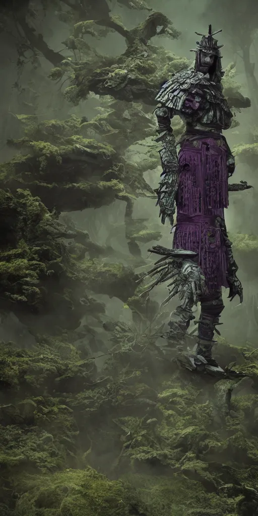 Prompt: a samurai standing in a highly detailed over dimensional green leaves that are not from this world decaying with black vaines, dark fantasy, photorealism, unreal engine, purple hue, sci-fi, by H.R. Giger