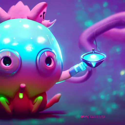 Prompt: cyan cute spirit axie pet under colourful discoball, fantasy, style artstation, style greg rutkowsk, octane render, unreal engine 6, epic game graphics, fantasy, conceptual art, ray tracing